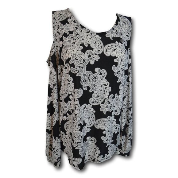 INC Womens Black Gray Floral Cold Shoulder Scoop Neck Pullover Top Size: L - Picture 1 of 2